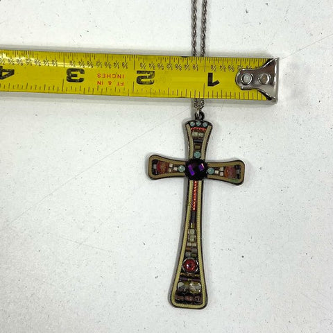 Vintage Ayala Bar Signed Cross Pendant Necklace Mixed Media Israeli Art Jewelry