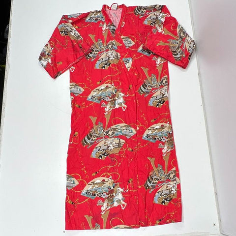 Vintage Kaburai Shoji Red Cotton Samurai Print Kimono Robe Yukata Men's 58"