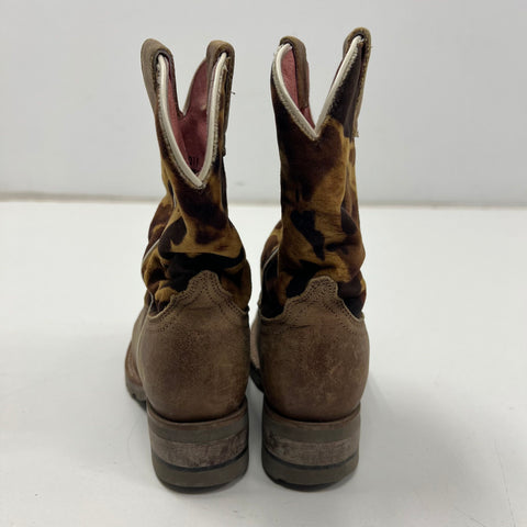 Roper Brown Camo Hair On Hide Leather Square Toe Cowboy Boots Kids Size 9