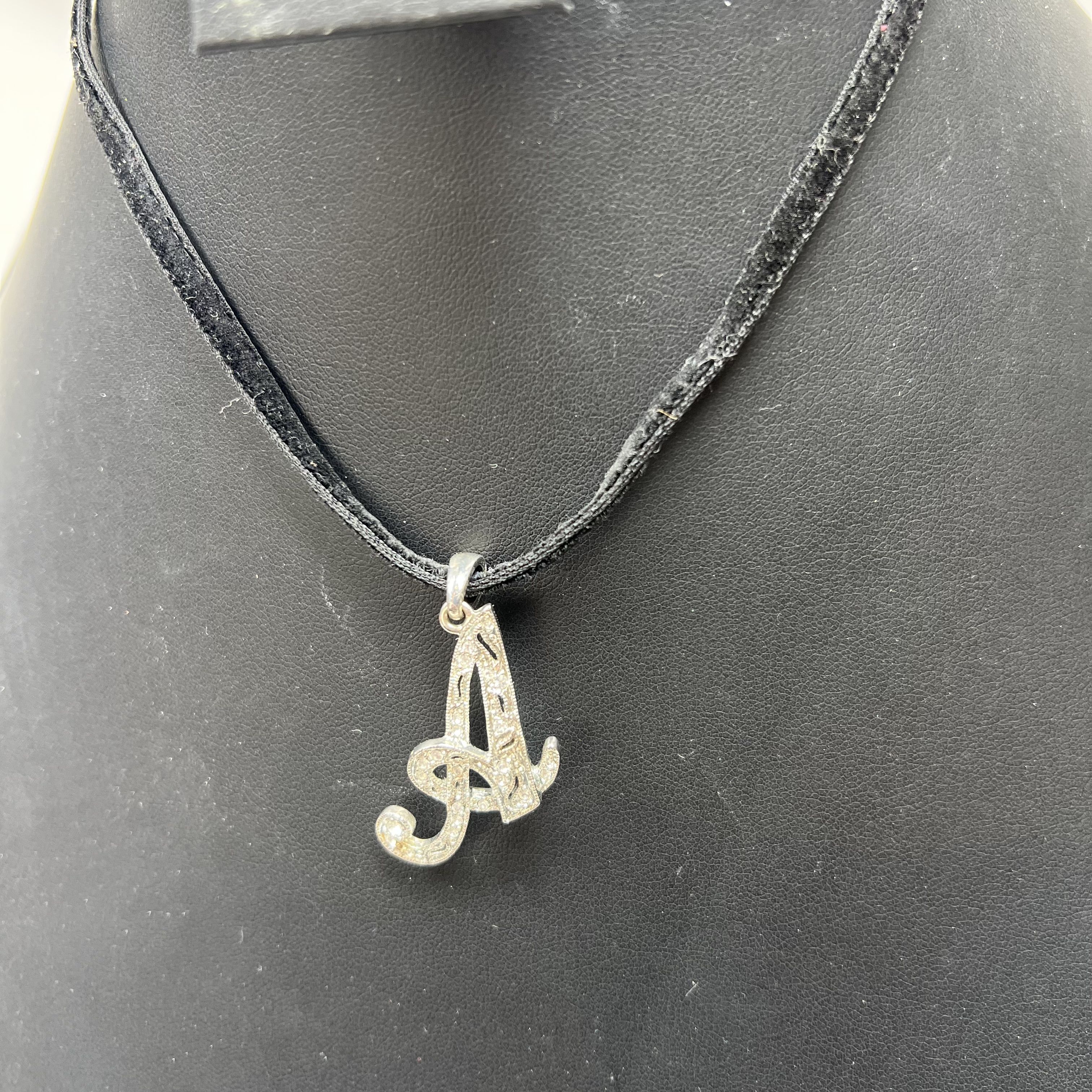 Vintage Monet Black Suede Choker Necklace Initial Letter Cursive A Pendant