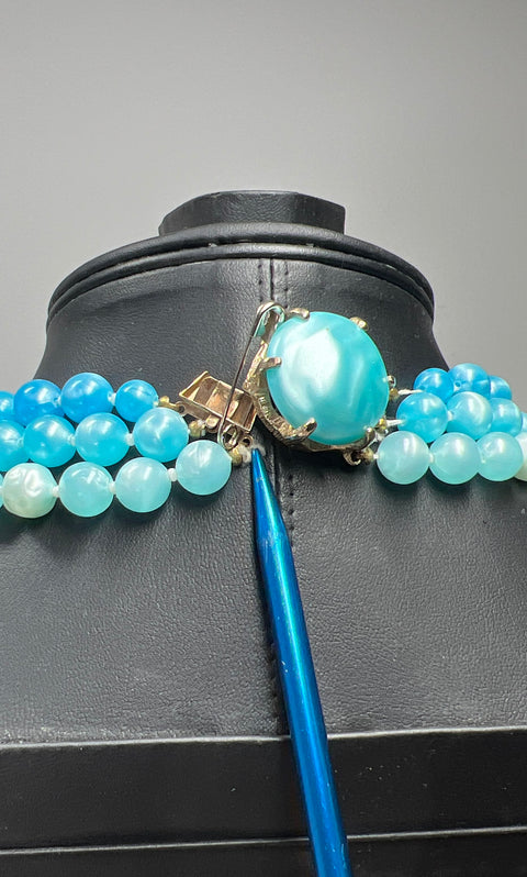 Vintage Lot 4pc Mid-Century Teal Blue Costume Jewelry Necklaces Clip On Earrings