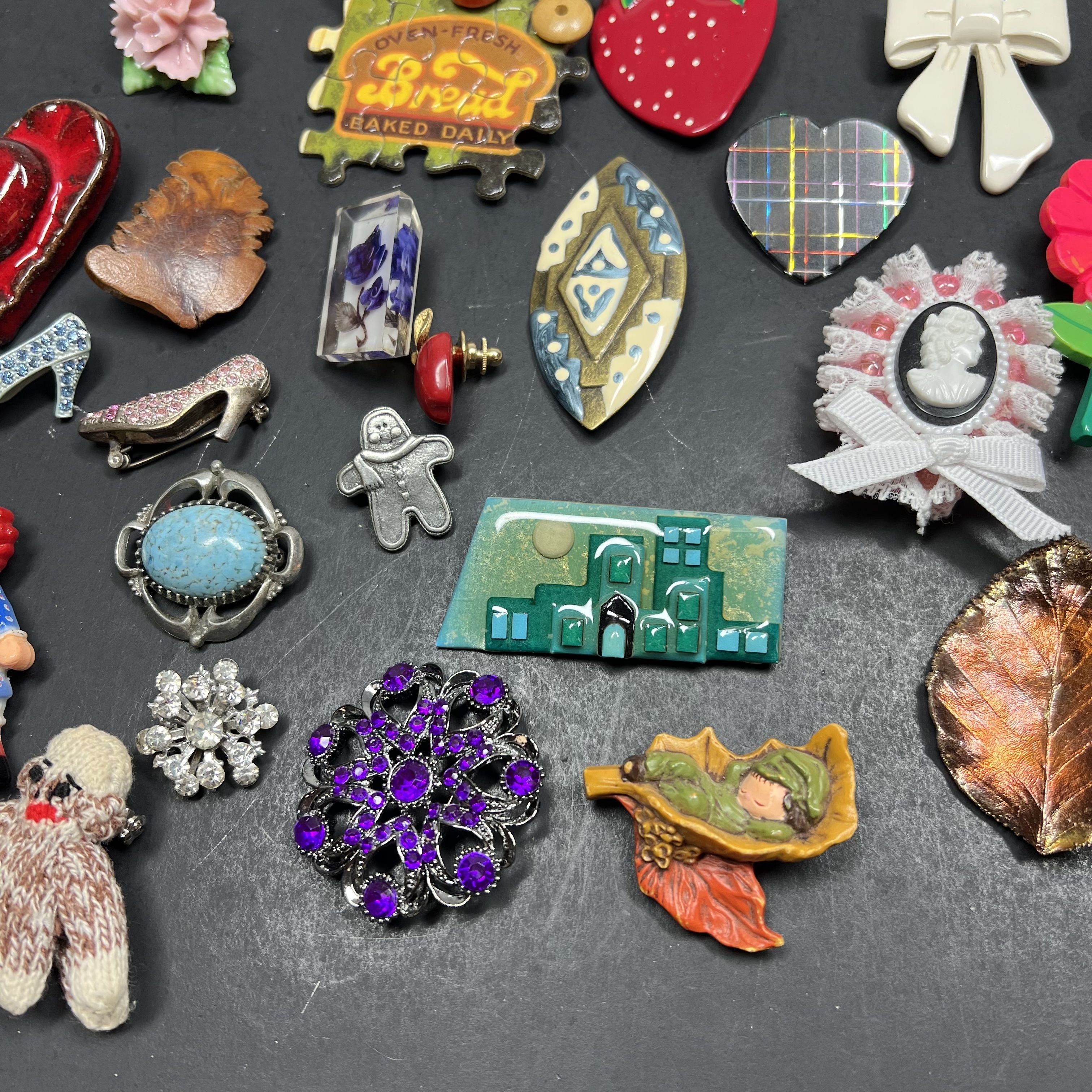 Assorted Styles Brooches Pins Scarf Clips Gold Silver Tone Sock Monkey Food Bow