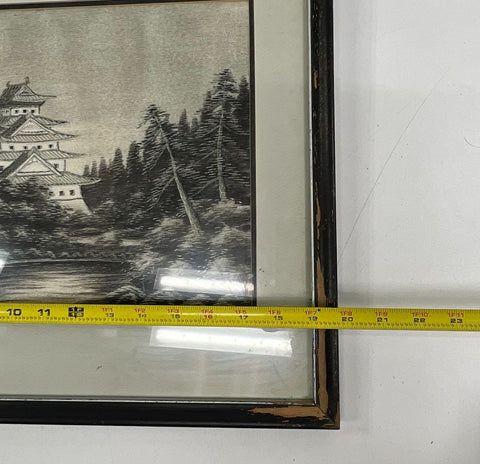 Vintage Mid-Century Japanese Castle Silk Thread Embroidered Framed Art Picture