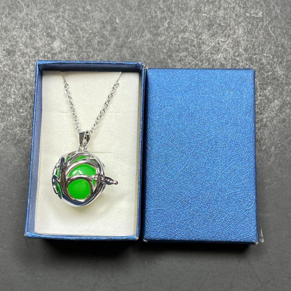 Green Night Glow Resin Caged Pendant Necklace NIB