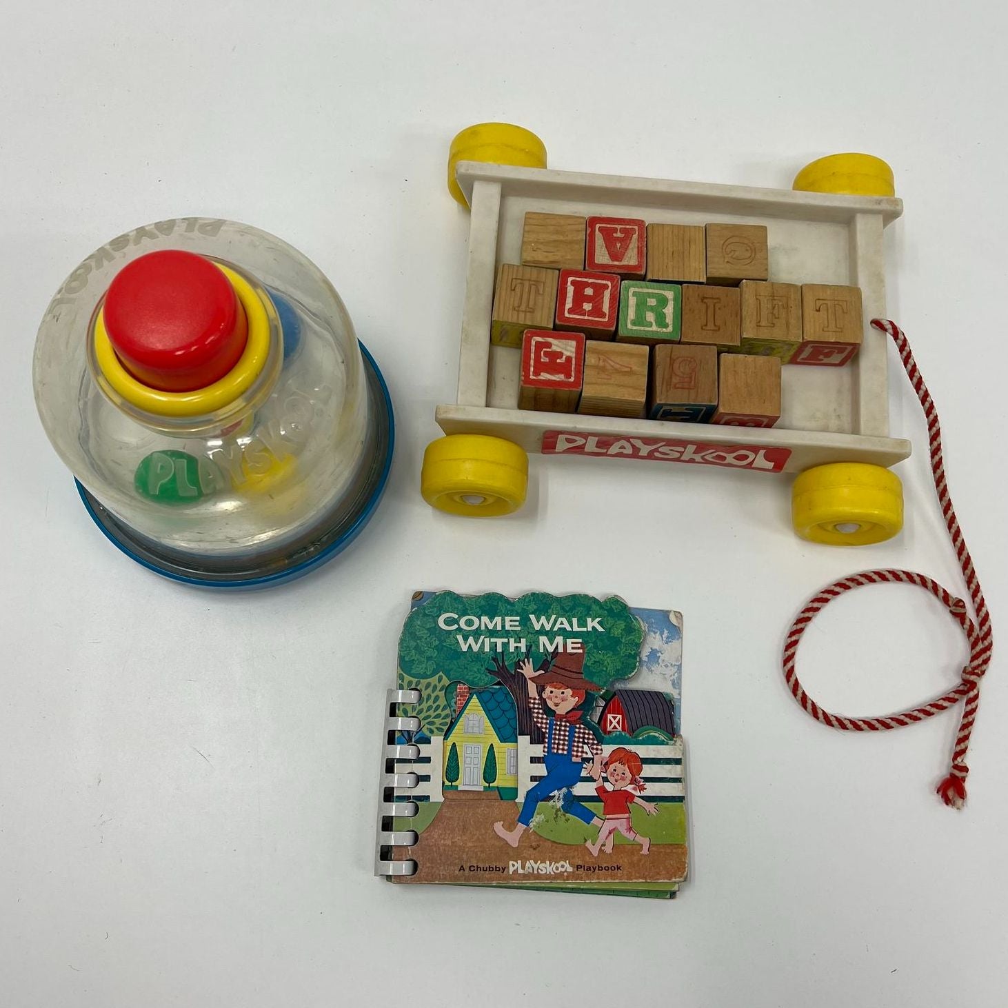 Vintage Playskool Toys and Book Pop & Spin Pull Along Wagon Wooden Blocks