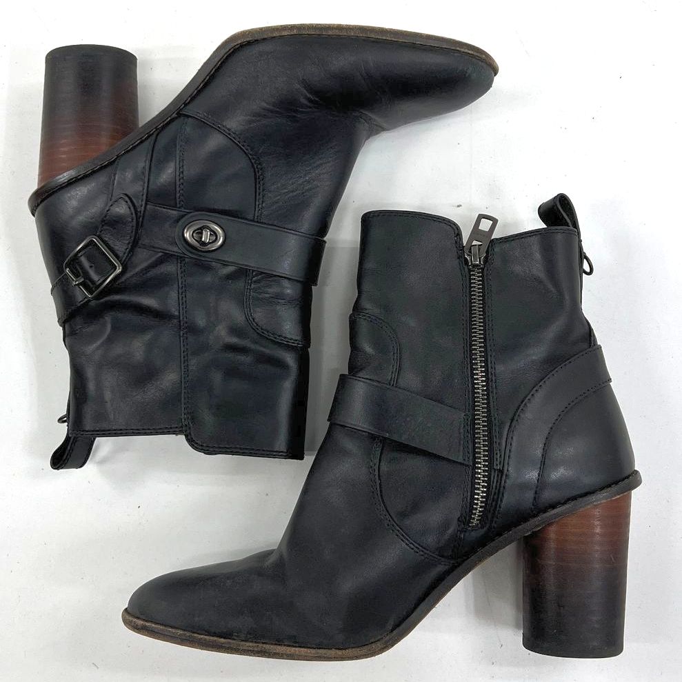 Coach Black Leather Side Zip Casual Block Heel Boots Women's Size 10