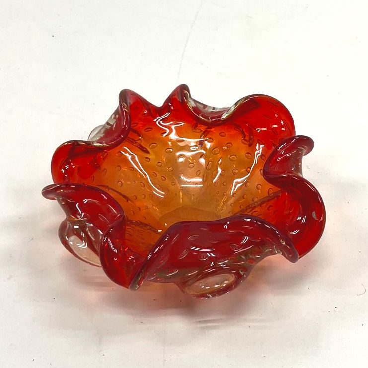 Collectible Red Orange Sunburst Murano Hand Blown Glass Art Shallow Dish