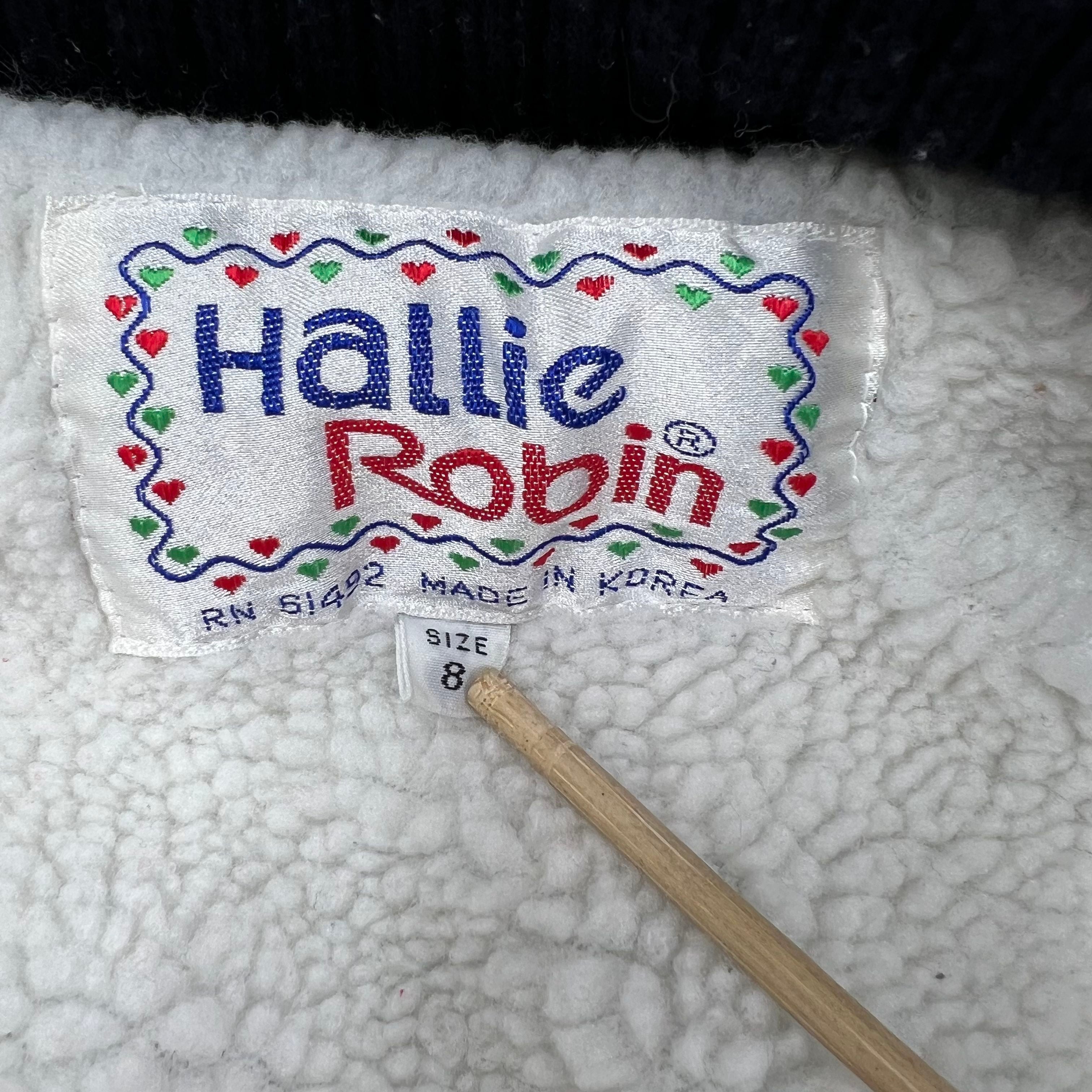 Vintage Hallie Robin Black Graphic Bomber Sweater Jacket Sherpa Lined Kids Size