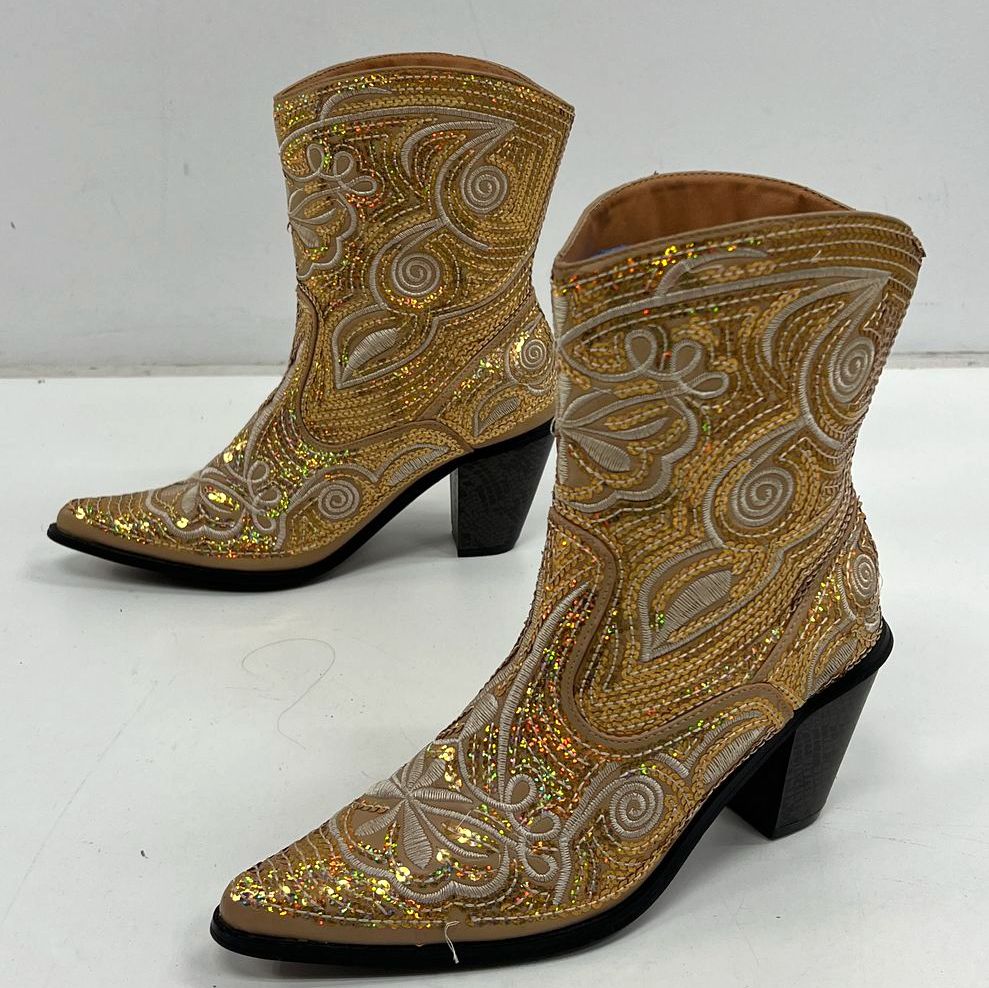 Helen & Heart Gold Tan Sequin Embroidered Western Cowboy Boots Women's Size 7