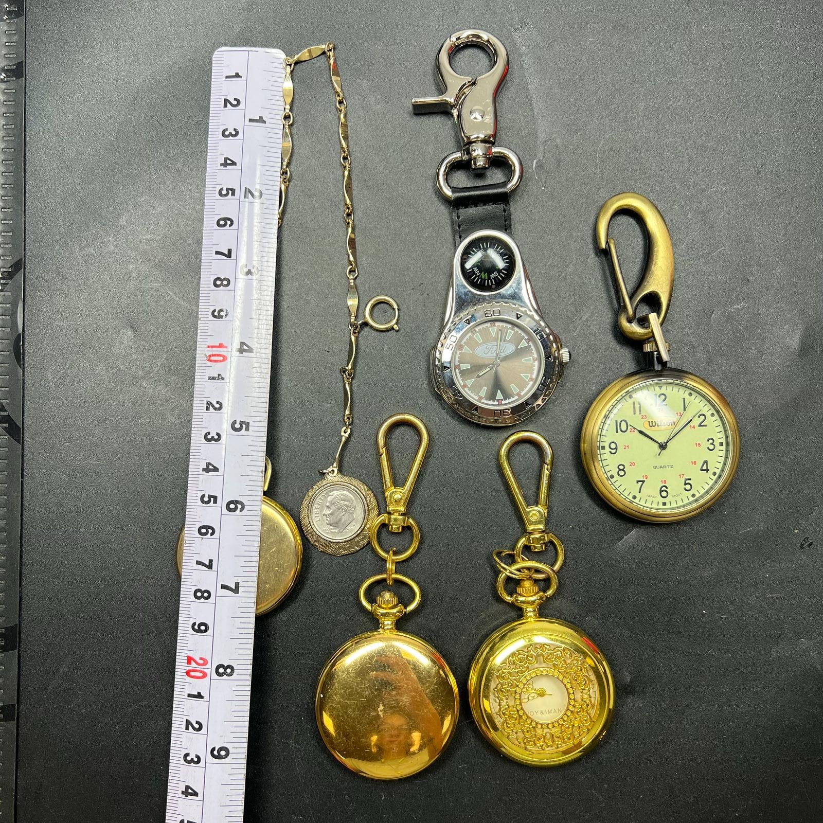 Lot of 5 Pocket Watches Clips Gold Tone Styles Vary UNTESTED