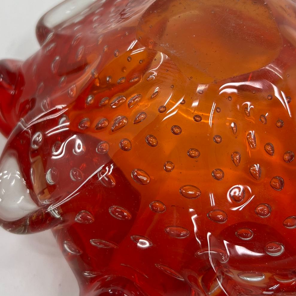 Collectible Red Orange Sunburst Murano Hand Blown Glass Art Shallow Dish