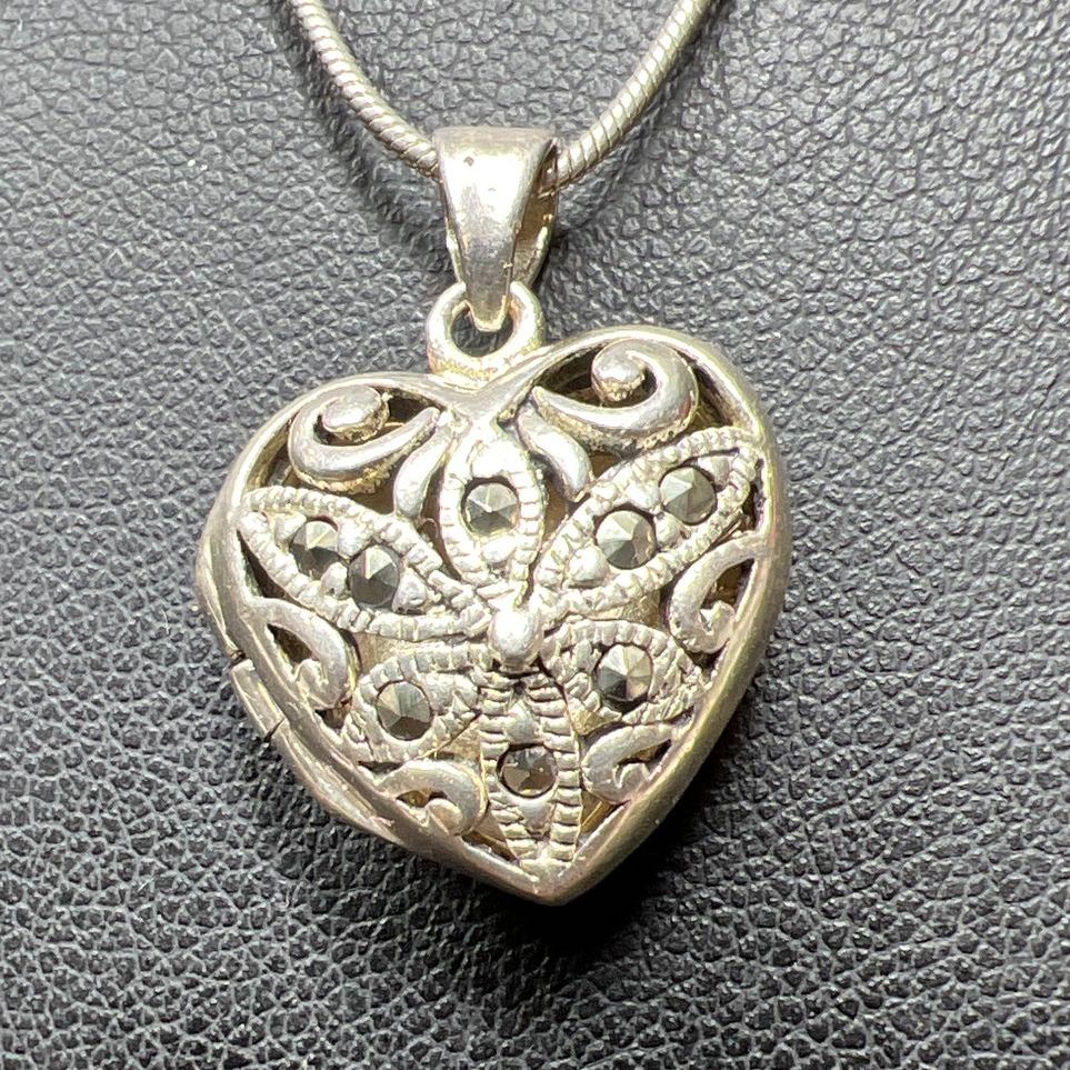 Sterling Silver Filigree Marcasite Heart Locket Necklace 8.49g