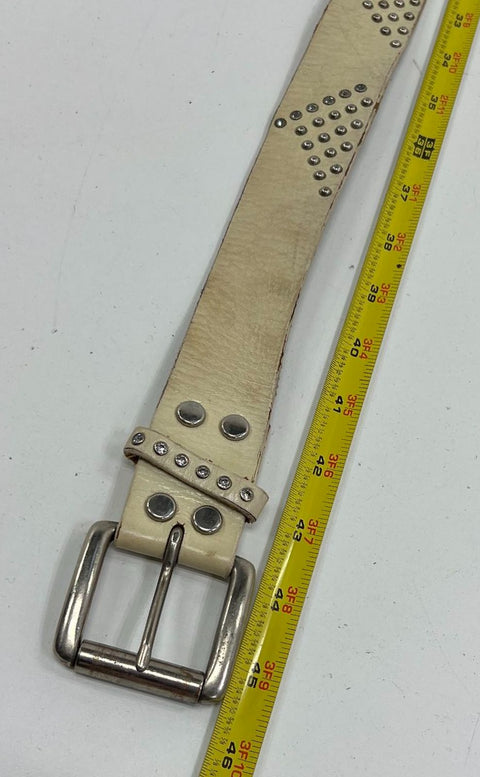 Vintage Y2K Ed Hardy Cream Skull Rose Tattoo Rhinestone Studded Leather Belt 45
