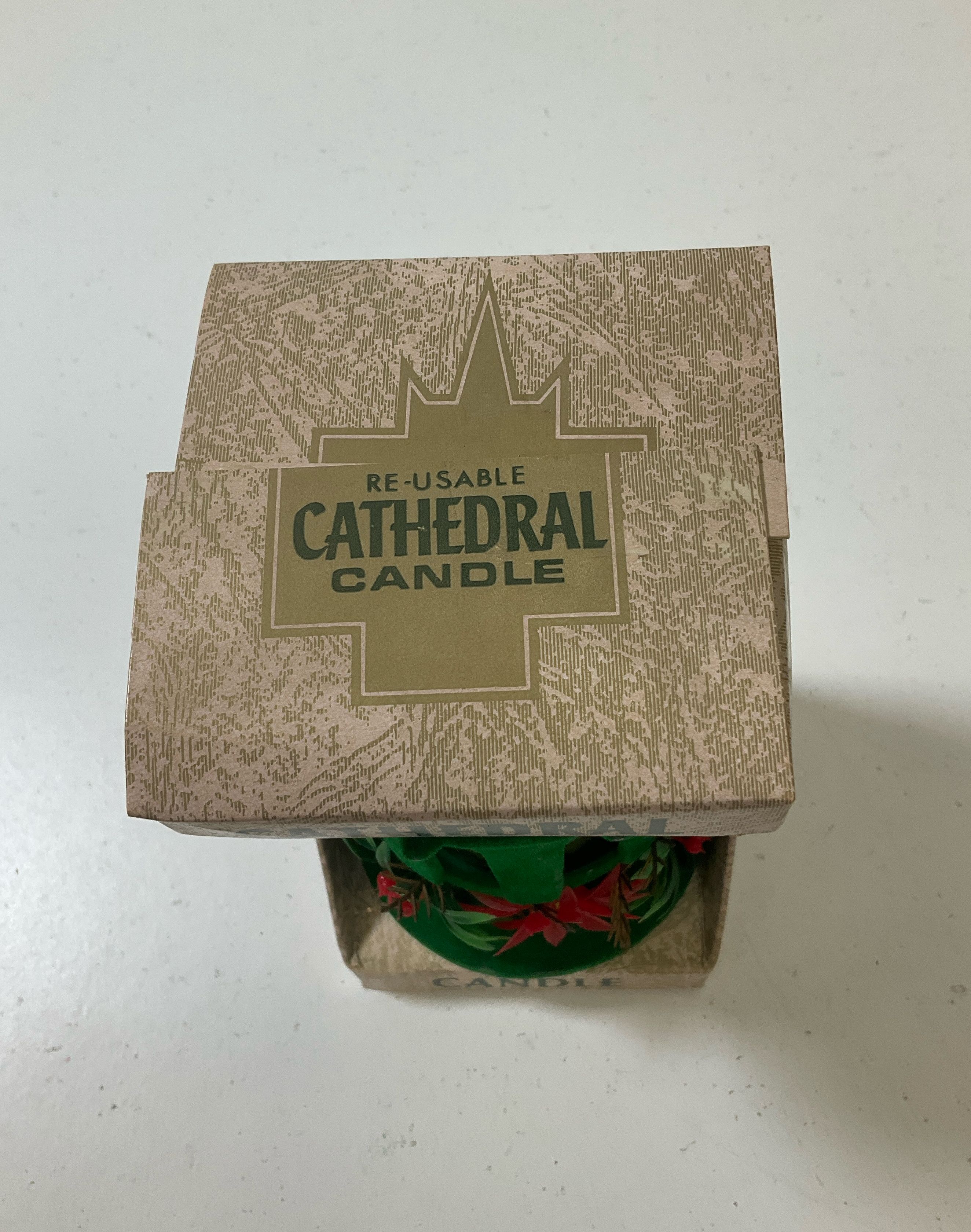 Vintage Green Flocked Cathedral Candle Christmas Decor EF Laurence Co Unused IOB