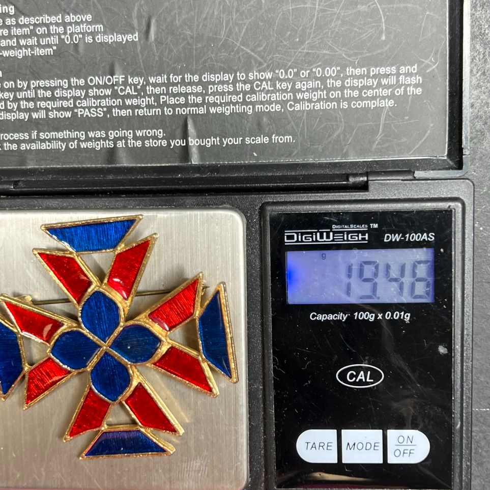 Florenza Red & Blue Enameled Maltese Cross Brooch