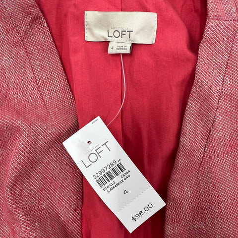 NWT LOFT Red Open Front Collarless Blazer Jacket Women's Size 4