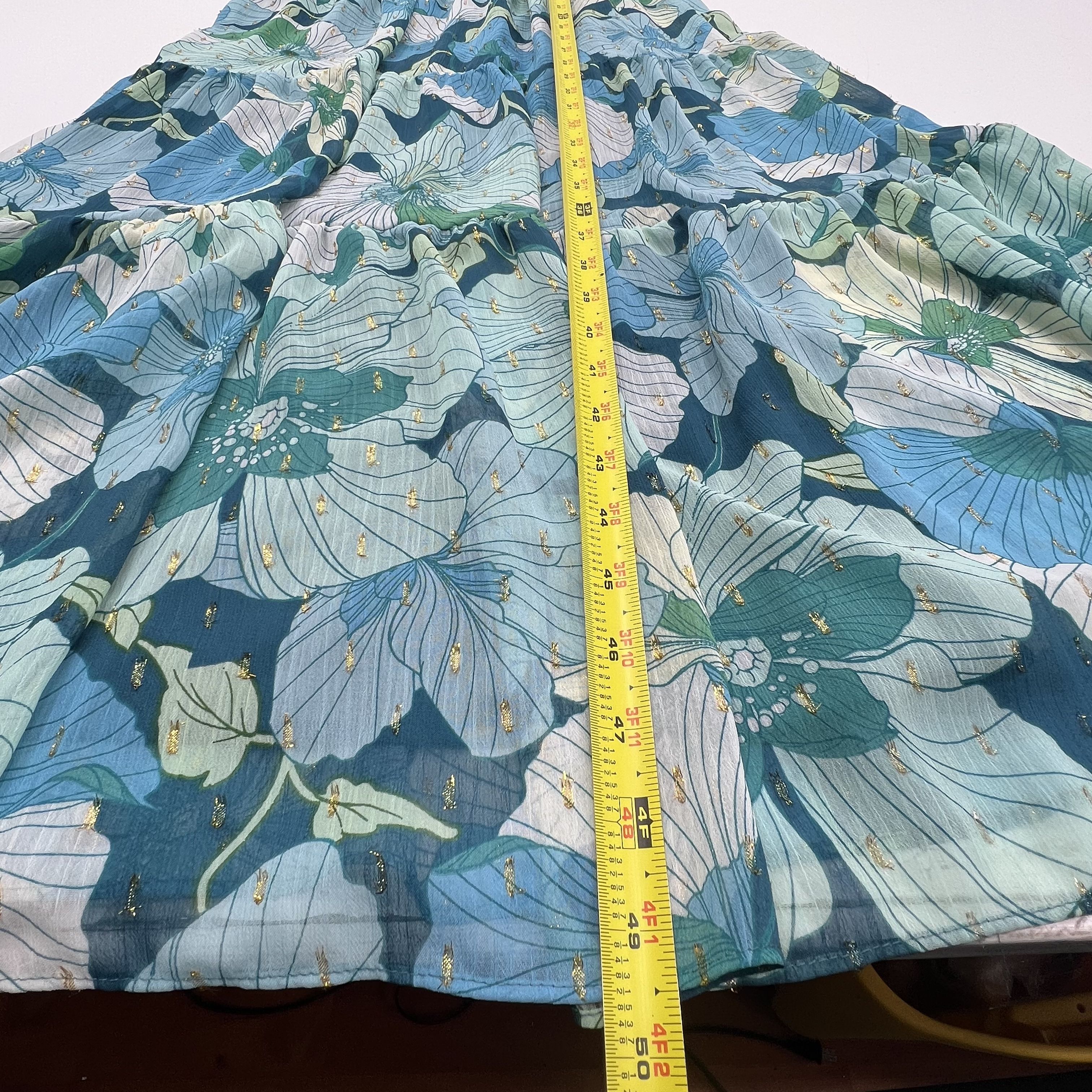 Taylor Blue Green Floral Metallic Smocked Tiered Maxi Dress Size 2 NWT