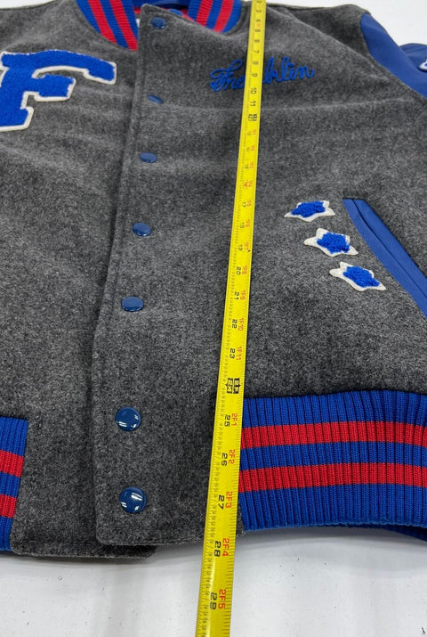 Franklin Marshall Gray Blue Wool Faux Leather Patch Varsity Jacket Men's XL