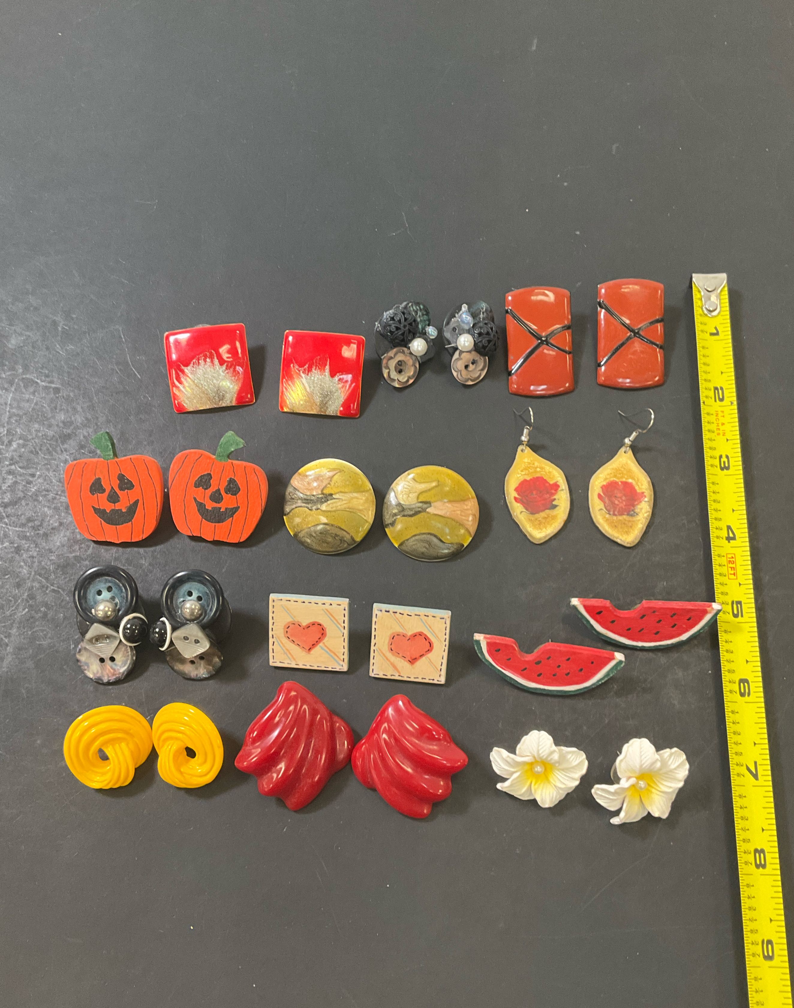 Lot of Vintage Fashion Earrings Figural Novelty Pierced 12 Pair Plastic Enameled