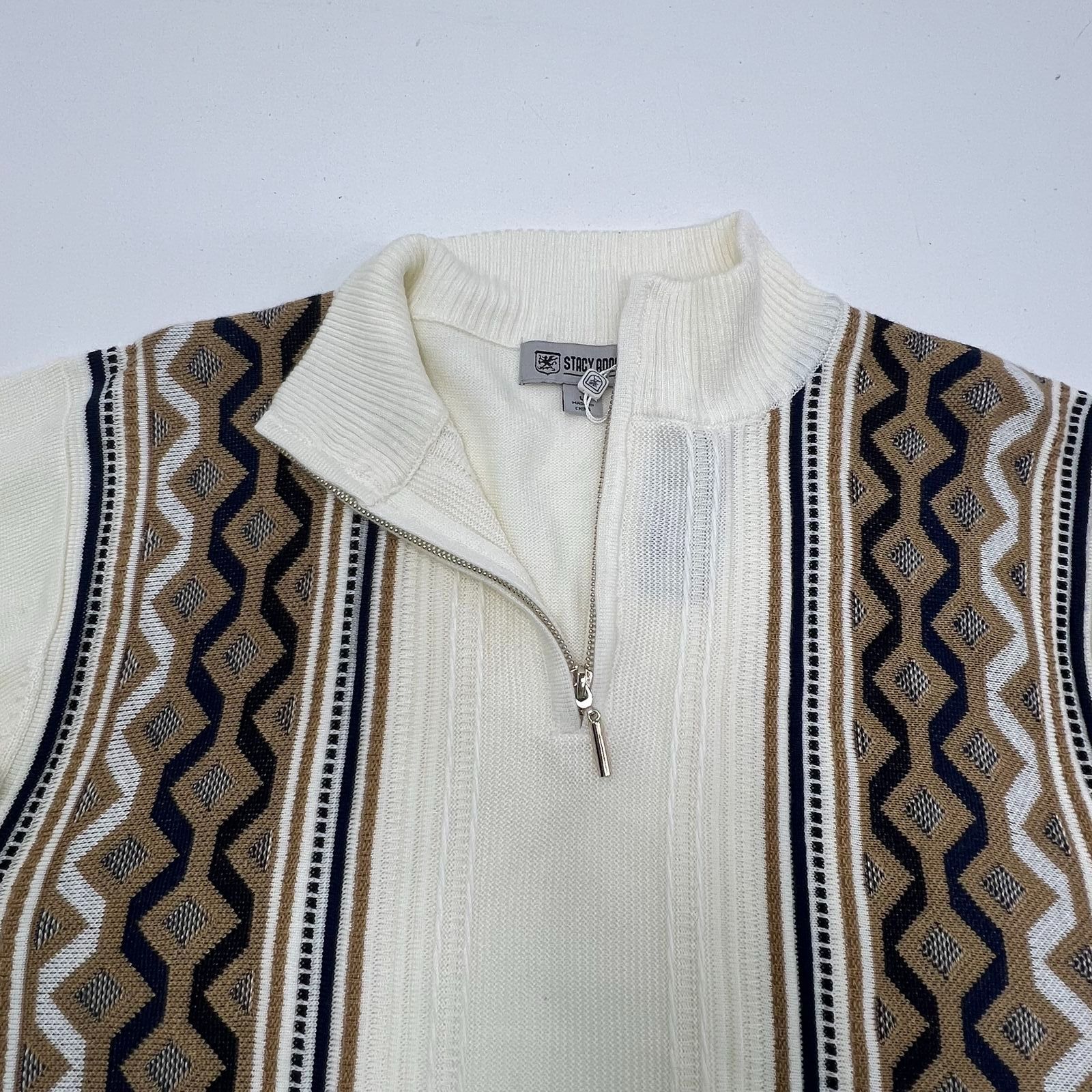 Stacy Adams Cream Geometric Quarter Zip Mock Neck Sweater Men's L NWT