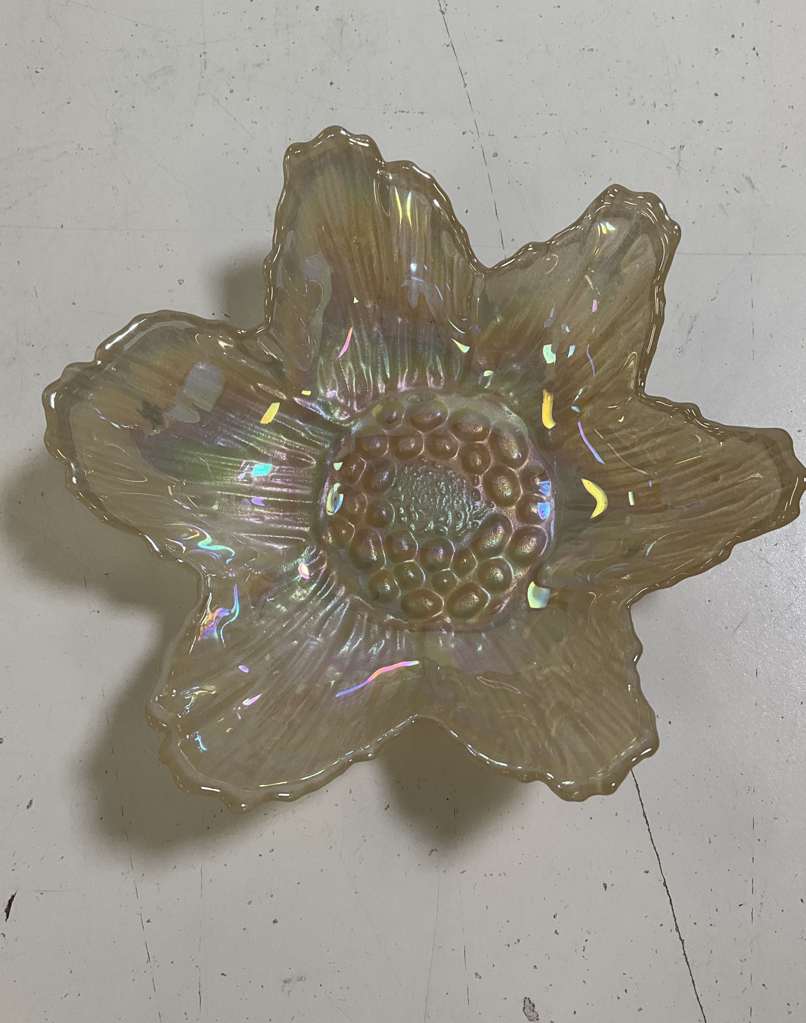 Akcam Lot 2 Iridescent Glass Flower Bowls Green & Cream Hand Made Turkish Art
