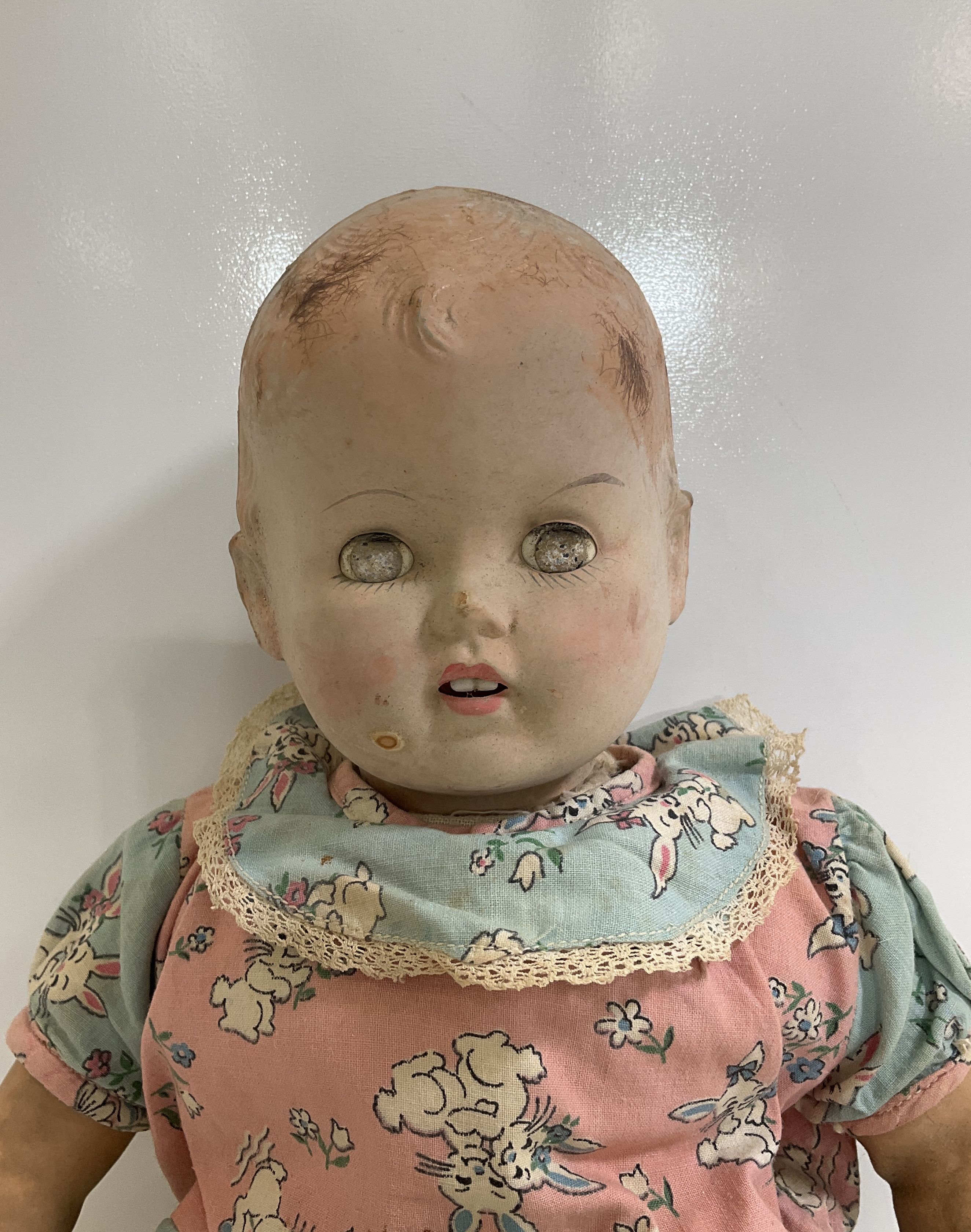 Vintage Pink Blue Dress Cloth Stuffed Baby Doll Damaged Fair Poor Condition 16"