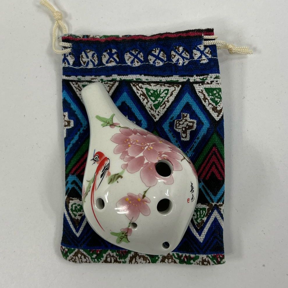 Floral Asian Painted Themed Porcelain? Ocarina in Bag with Instructions