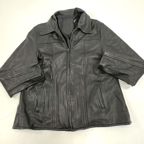 Vintage 70s Black Leather Zip Up Moto Car Coat Jacket Men's L