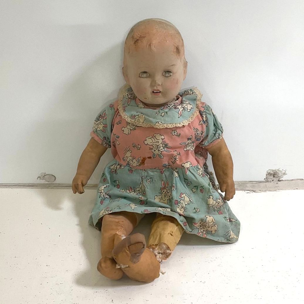 Vintage Pink Blue Dress Cloth Stuffed Baby Doll Damaged Fair Poor Condition 16"