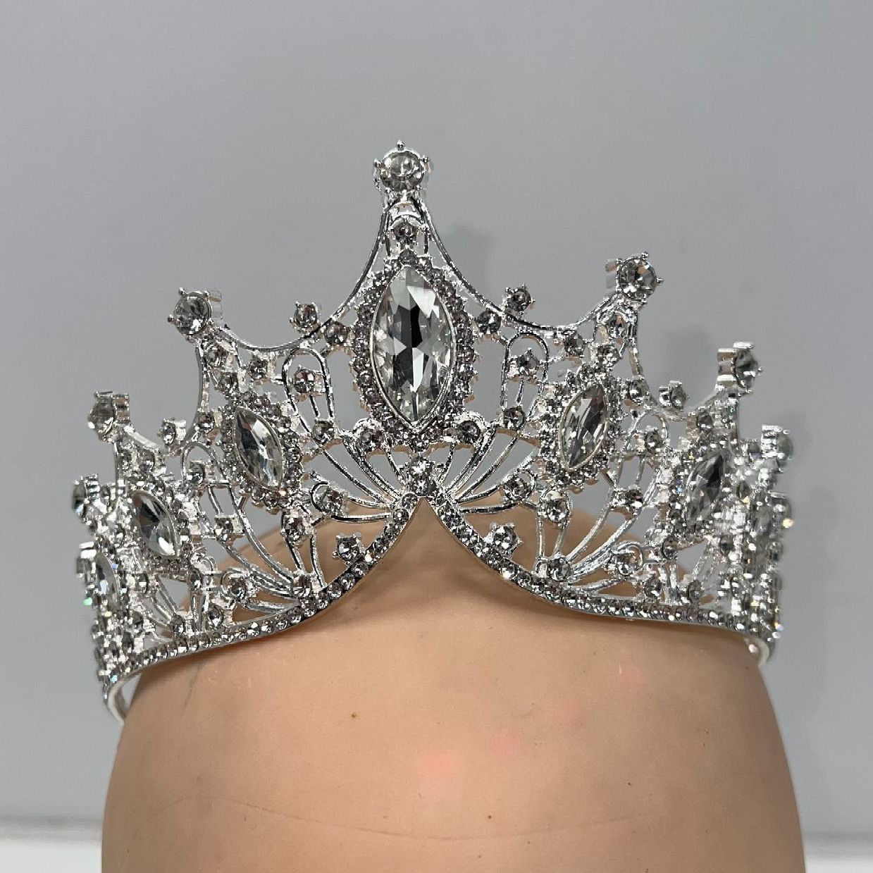 Rhinestone Baroque Bling Tiara Crown Headpiece Silver Tone
