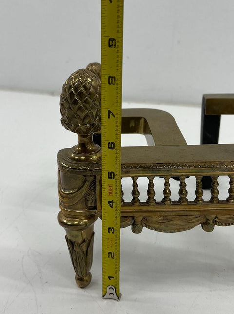 Antique Federal Revival Brass Andirons Fire Dogs Pineapple Finial Pair