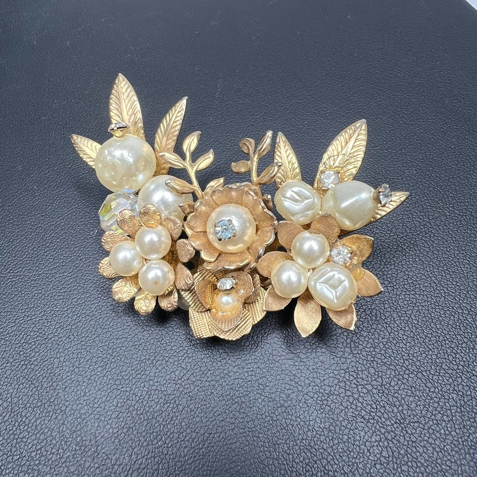 Lot of 4 Gold Tone Floral Brooches Faux Pearl Beaded Gold Tone Flower Bee