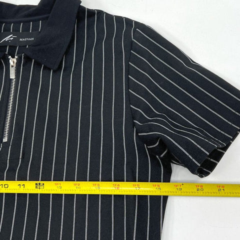 Mauvais Black Pinstripe Quarter Zip Ribbed Polo Shirt Men's Size L
