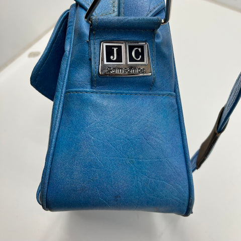 Vintage 70s Samsonite Blue Faux Leather Flight Bag Carry On Satchel Silver Tone