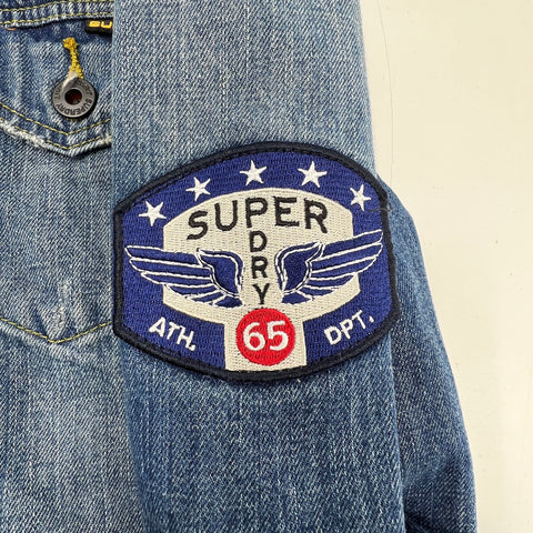 SuperDry Blue Copper Black Denim Patched Trucker Jacket Men's Size L