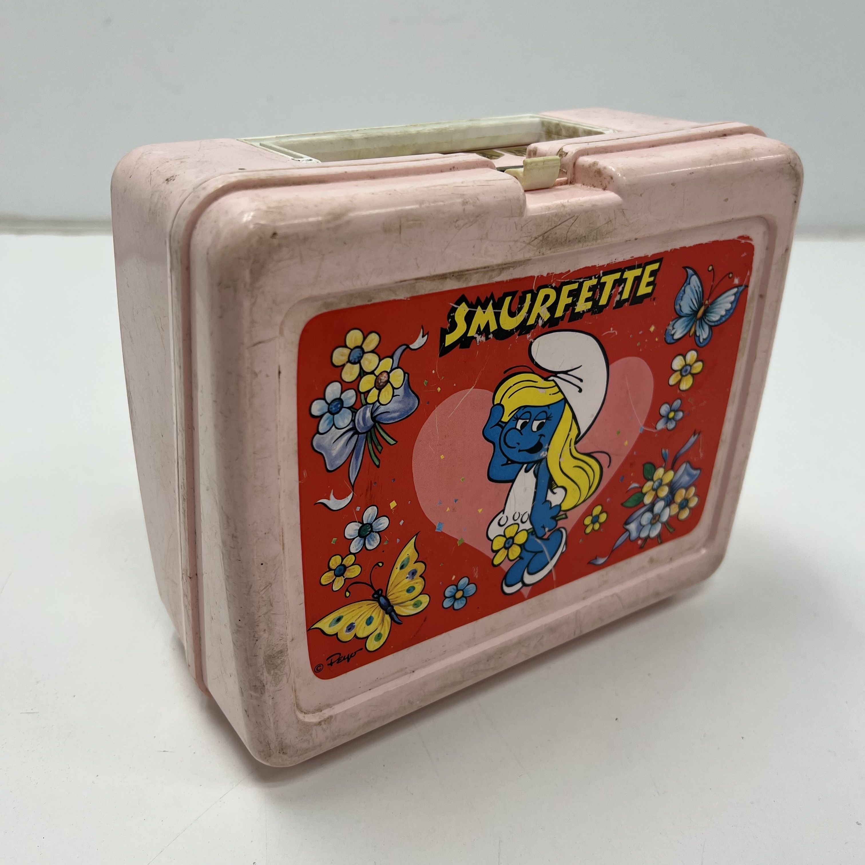 Vintage 80s Thermos Smurfette Pink Plastic Lunchbox with Yellow Smurf Thermos