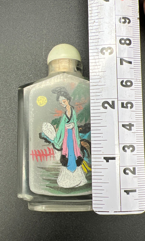 Vintage Chinese Reverse Painted Glass Snuff Bottle Geisha Landscape with Box