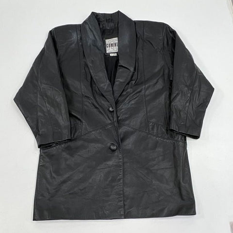 Vintage 90s Comini Black Genuine Leather Long Coat Jacket Women's Size L