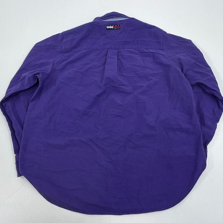 Vintage 90s Tommy Hilfiger Purple Cotton Flag Logo Button Down Shirt Womens 10
