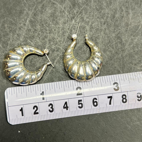 FC 925 Sterling Silver Scalloped Hoop Dangle Earrings 7.32g