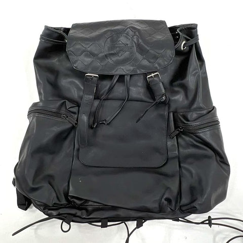 Vintage Y2K Blackworks Black Faux Leather Quilted Flap Drawstring Backpack Bag
