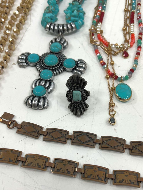 Lot 14pc Southwestern Style Jewelry Faux Turquoise Coral Cross Feather Horses