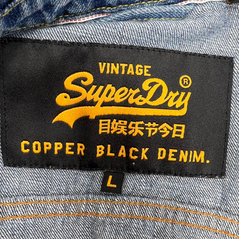 SuperDry Blue Copper Black Denim Patched Trucker Jacket Men's Size L