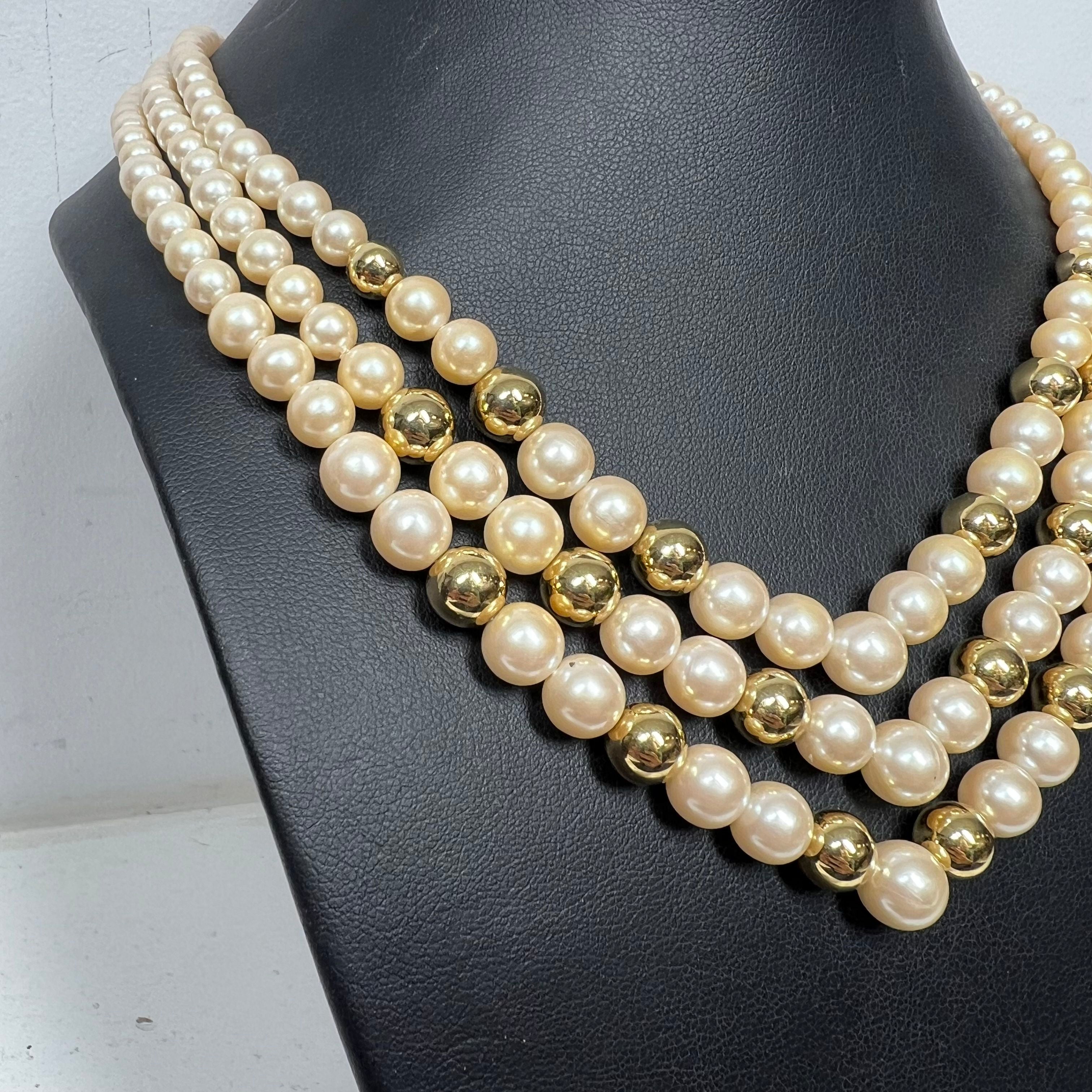 Richelieu Multi Strand Pearl and Gold Tone Bead Necklace