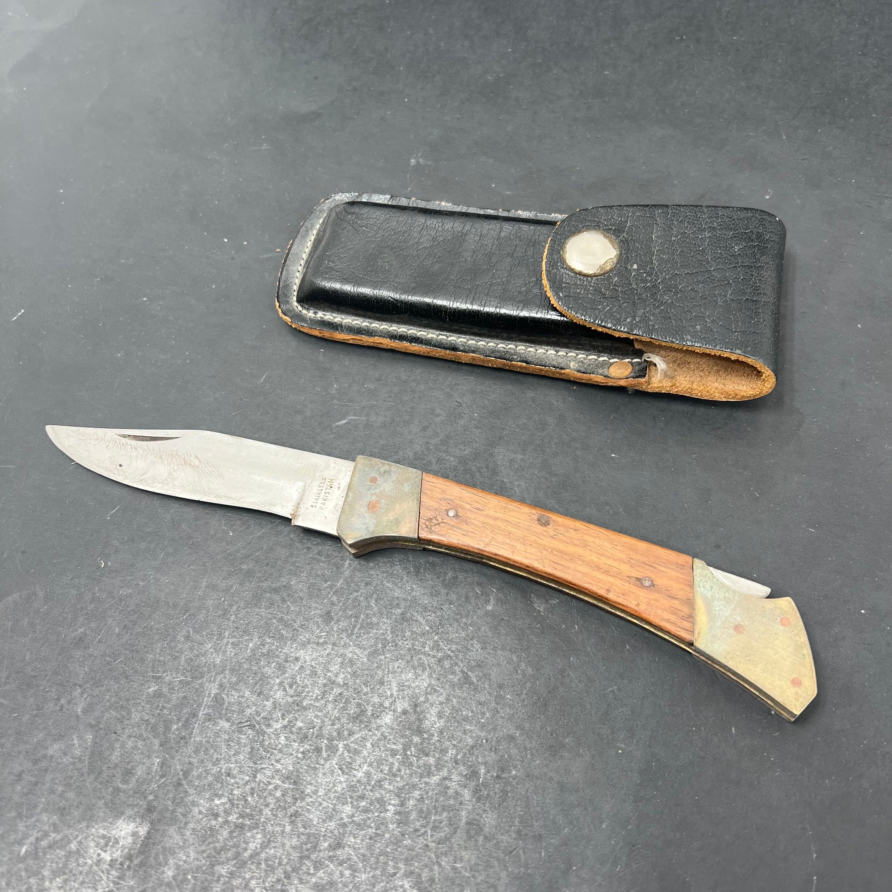 Vintage Pakistan Buck Pocket Knife Stainless With Leather Sheath