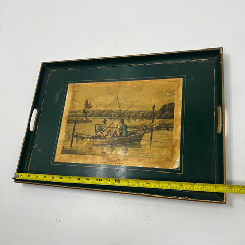 Vintage Lady Clare Serving Tray Fishing In A Punt 1820 Art Print Green 22"