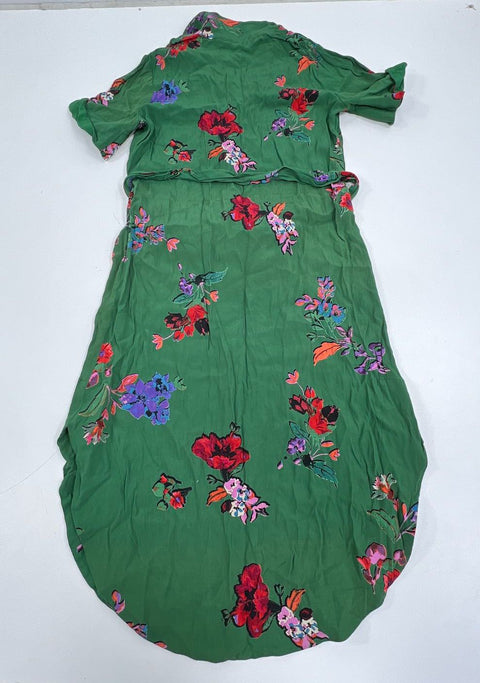 Maeve Anthropologie Green Floral Print Belted Midi Shirtdress Sz XS