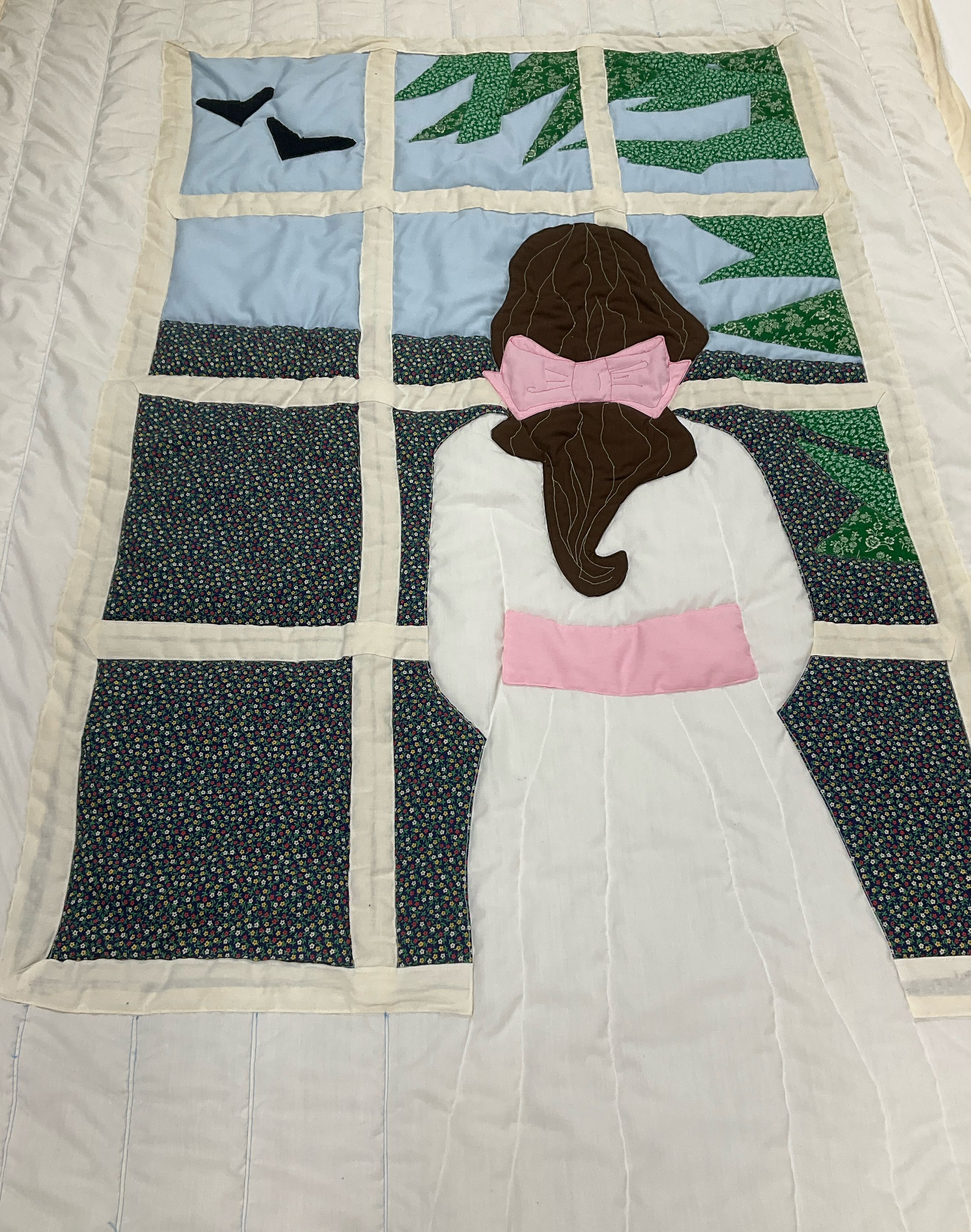 Vintage Hand Made Picture Quilt Girl At Window Applique Textile Art 44x72"