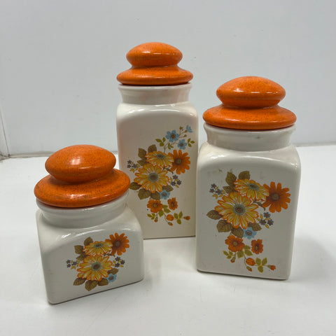 Vintage 1970s Floral Kitchen Canister Set 3 Piece Orange Lids Cream Ceramic