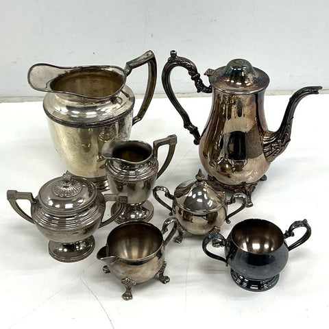 Universal Silver Plate Holloware Lot 7 Pcs Coffee Pot Creamers Sugar Bowls
